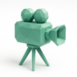 Low-poly teal film camera on tripod illustration symbolizing AI-powered automation for creating viral short-form videos in 2026