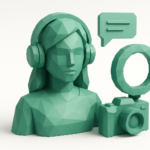 Teal low-poly 3D avatar wearing headphones beside a camera, ring light and chat bubble — visual representing AI influencer generators for 2026