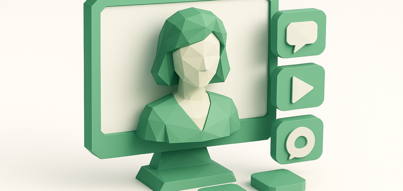 AI Influencer Hosting Platforms 2026 — Virtual Avatar Interface Low-poly 3D AI influencer avatar on a monitor with chat, play and record icons for AI influencer hosting platforms 2026