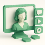 Best AI Influencer Hosting Platforms in 2026 5 Low-poly 3D AI influencer avatar on a monitor with chat, play and record icons for AI influencer hosting platforms 2026