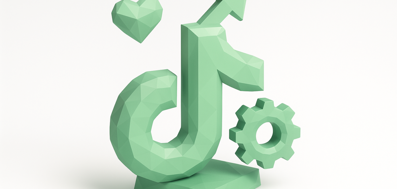 2026'da TikTok büyümesi, katılımı ve optimizasyonu için yapay zeka odaklı araçları temsil eden yukarı ok, kalp ve dişli içeren 3D nane yeşili TikTok tarzı simge