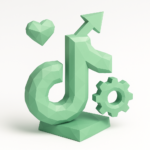 3D mint-green TikTok-style icon with upward arrow, heart and gear representing AI-driven tools for TikTok growth, engagement and optimization in 2026