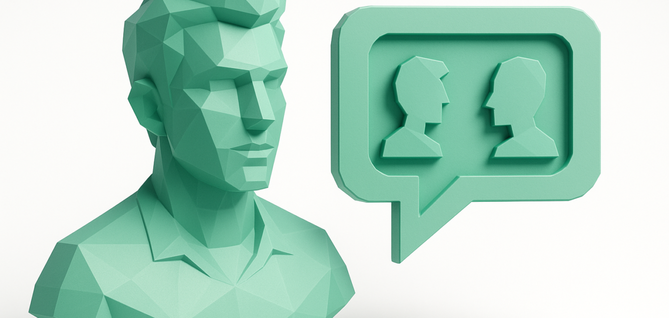 Low-Poly Character Bust with Avatar Speech Bubble — Best LoRAs for Consistent Characters 2026 Teal low-poly 3D bust beside a speech-bubble icon with two profile silhouettes, symbolizing character avatars and consistent dialogue generation for LoRAs in 2026.