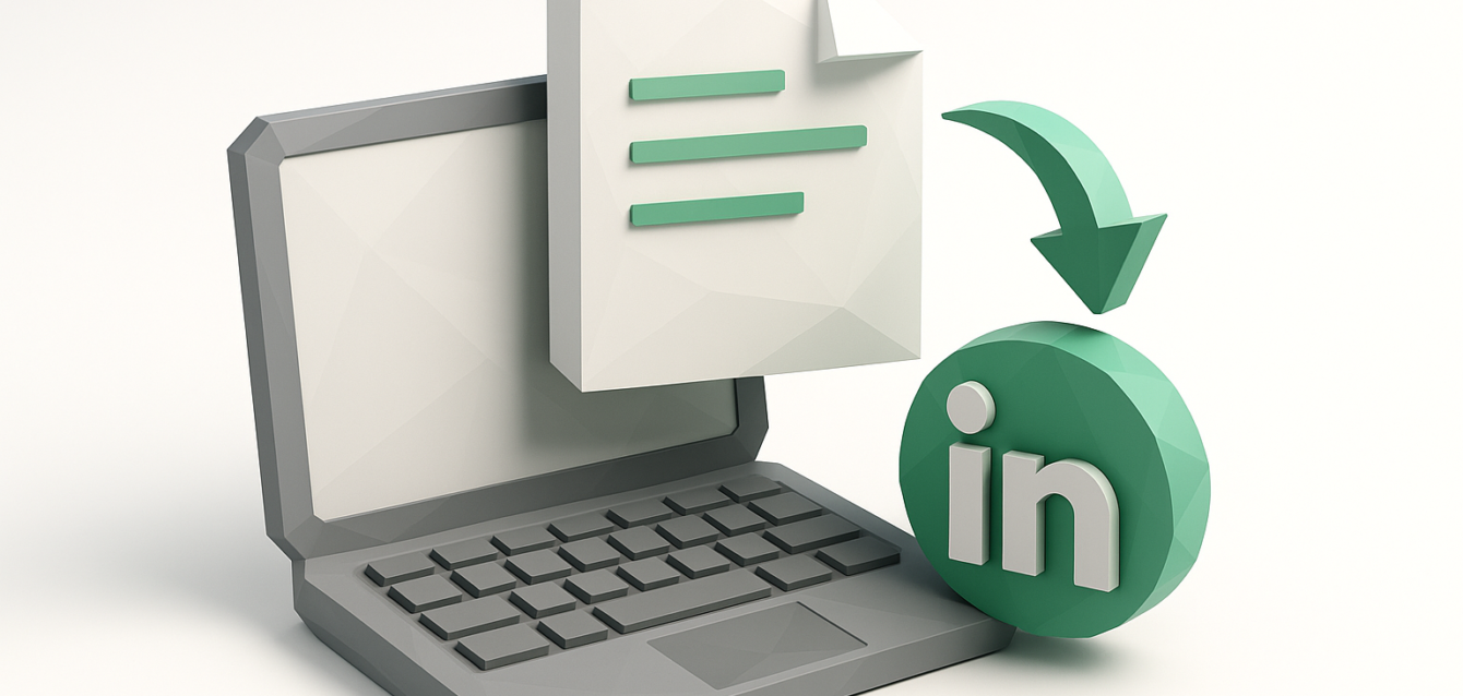 Yüzen bir belge ve LinkedIn 'in' rozetini işaret eden bir ok içeren bir dizüstü bilgisayarın 3D illüstrasyonu, blogdan LinkedIn'e gönderme iş akışını temsil ediyor.