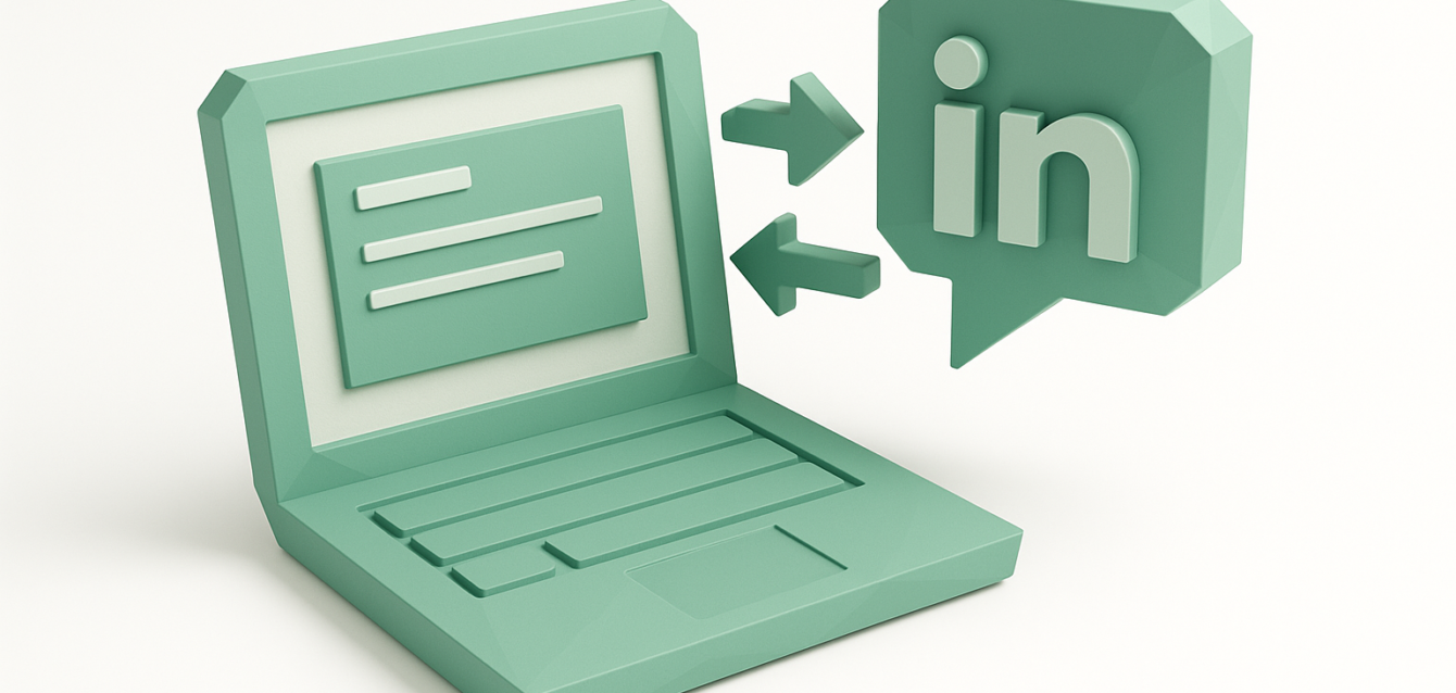 Blog içeriğinin LinkedIn gönderilerine dönüştürülmesini temsil eden LinkedIn konuşma balonu simgesine işaret eden oklarla bir dizüstü bilgisayarın 3D nane yeşili illüstrasyonu