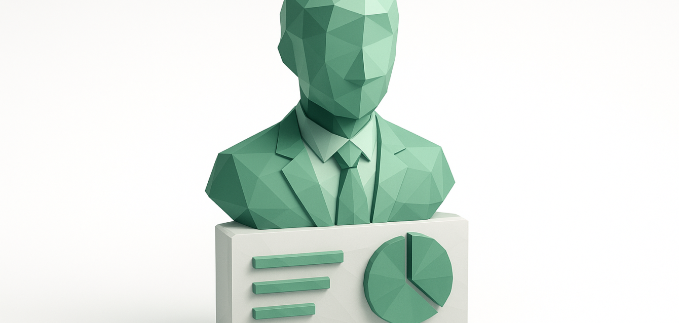 3D low-poly green faceless bust in a suit standing on a profile card with a pie chart and list icons, representing a virtual persona, brand identity and analytics.