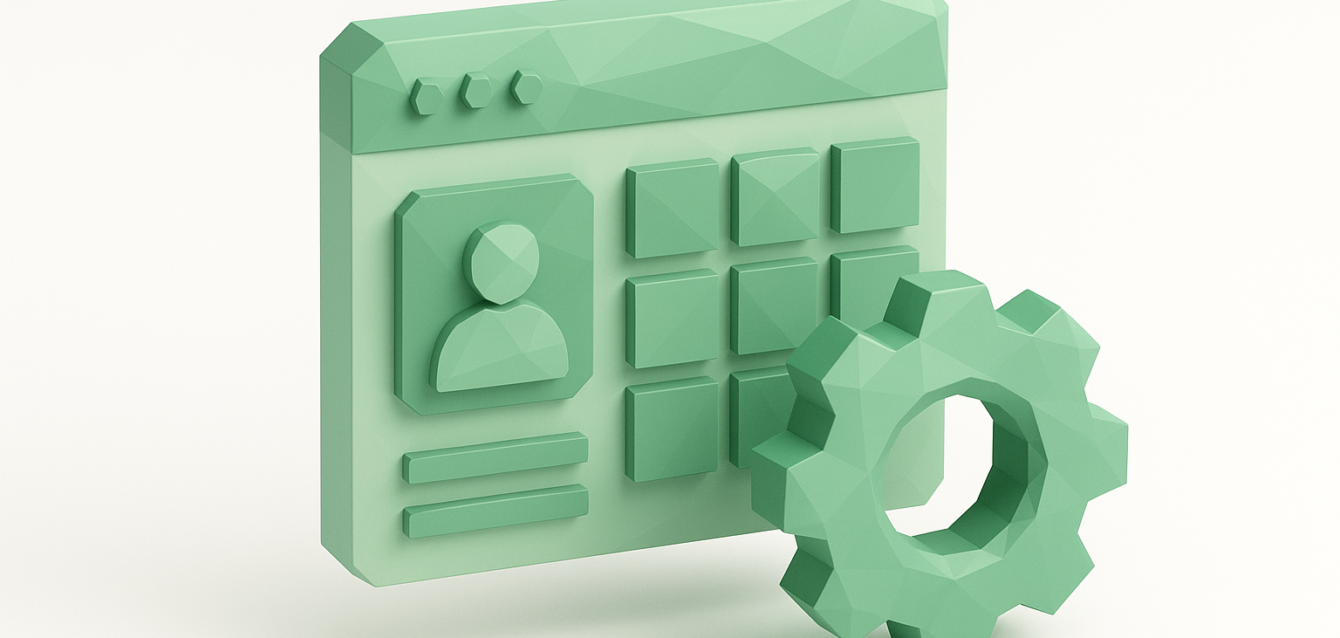 3D green low-code CRM interface icon showing a user profile panel, grid of app blocks and a gear, symbolizing customizable CRM building and configuration