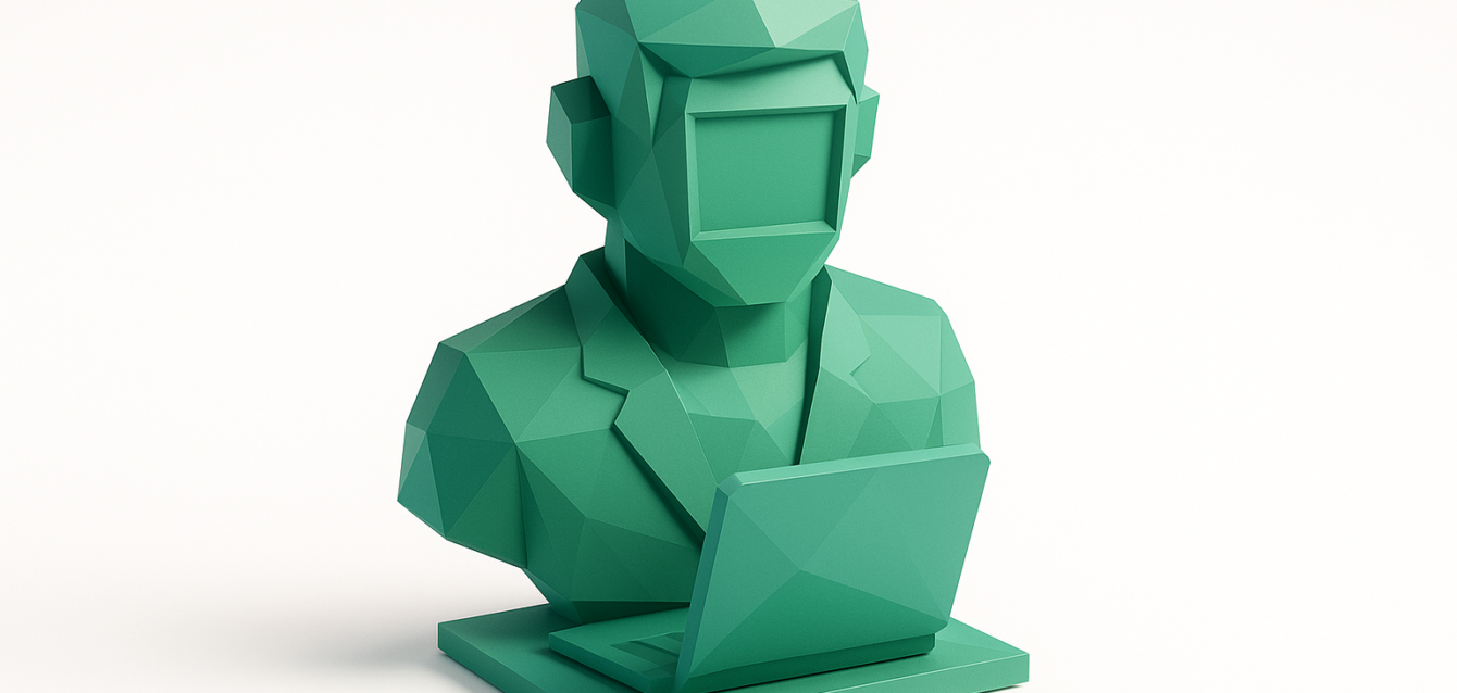 2026 Guide to Building Custom GPTs for Business - Abstract Green AI Avatar with Laptop Low-poly green 3D bust with a laptop, abstract AI avatar representing a custom GPT assistant for business — image for a 2026 guide to building custom GPTs.