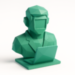 Low-poly green 3D bust with a laptop, abstract AI avatar representing a custom GPT assistant for business — image for a 2026 guide to building custom GPTs.