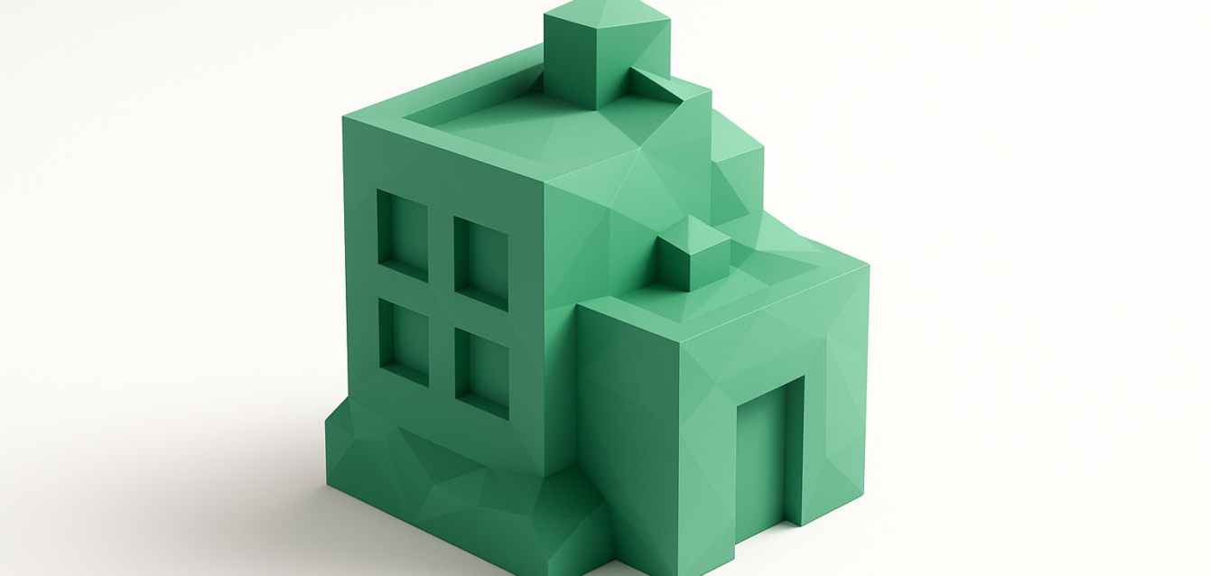 Retool 2026 — Low-Poly Green Building Illustration for Internal Tools and Dashboards Green low-poly 3D building on white background — conceptual illustration for building internal tools, dashboards, and workflows with Retool in 2026