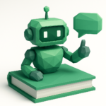 Low-poly green robot sitting on a book with a speech bubble and thumbs-up, symbolizing chatbot development, AI learning, and building smarter digital agents.