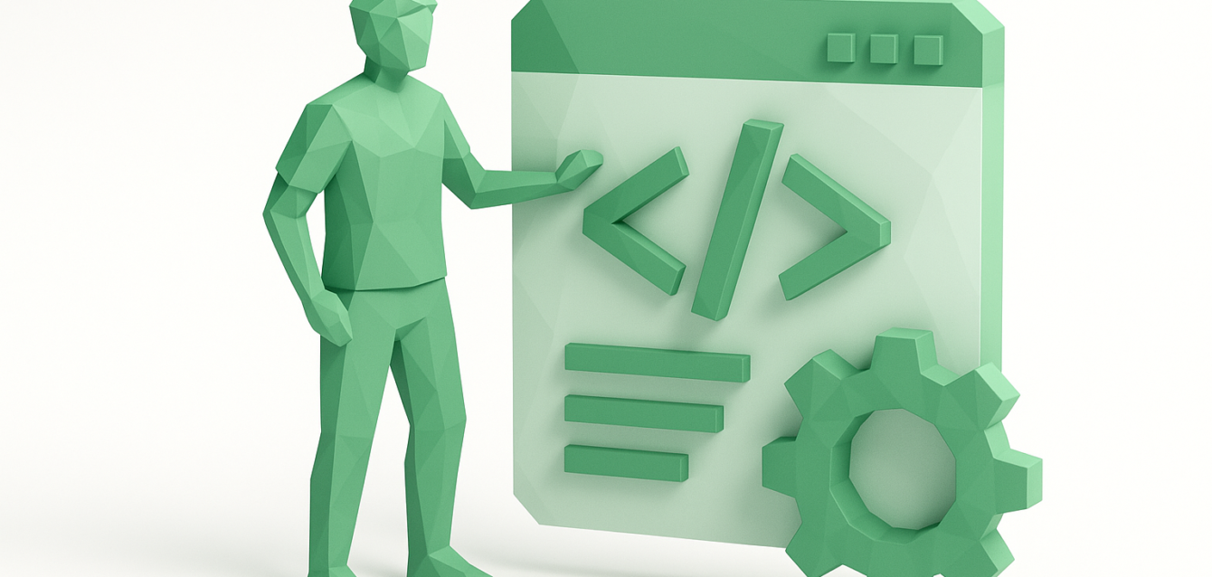 Citizen Developer Concept — Non-IT Professionals Building Apps with No-Code/Low-Code Low-poly green figure pointing at a stylized browser window with code brackets and a gear, illustrating citizen developers (non-IT professionals) building apps with no-code/low-code tools.
