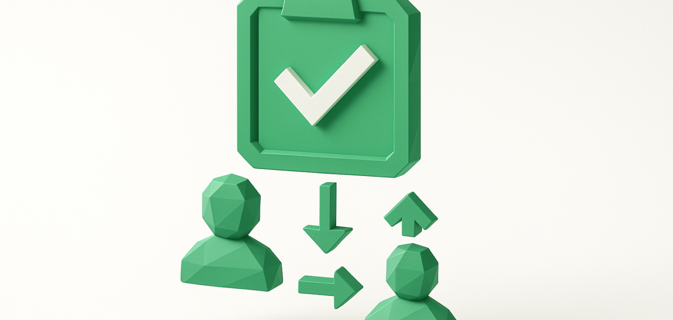 3D green clipboard with a white checkmark above two geometric user icons connected by arrows, symbolizing an automated client onboarding workflow