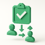 3D green clipboard with a white checkmark above two geometric user icons connected by arrows, symbolizing an automated client onboarding workflow