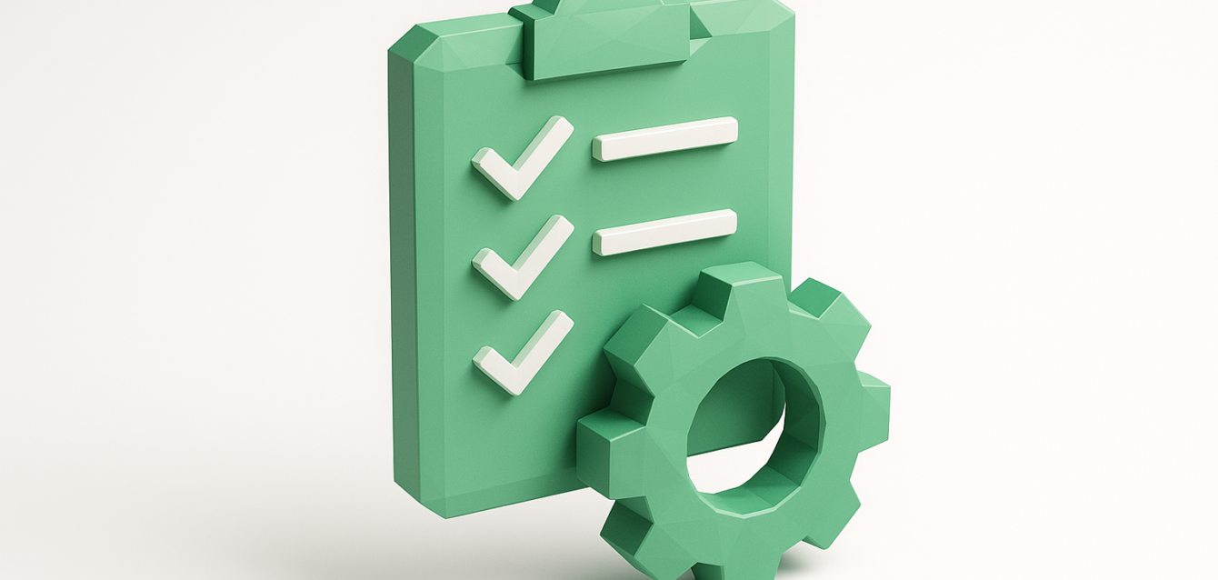 3D green clipboard with checkmarks and a gear icon symbolizing a client onboarding automation workflow