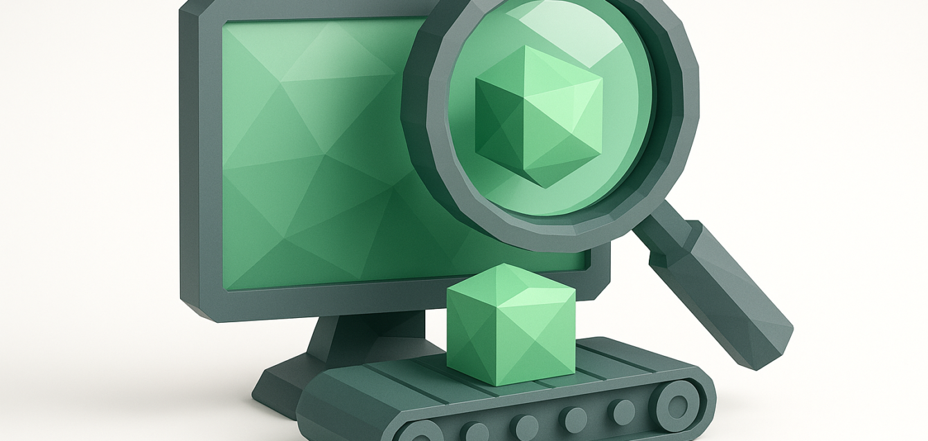3D illustration of a computer vision system inspecting a green geometric part on a conveyor belt with a magnifying glass and monitor, representing automated quality control in manufacturing.