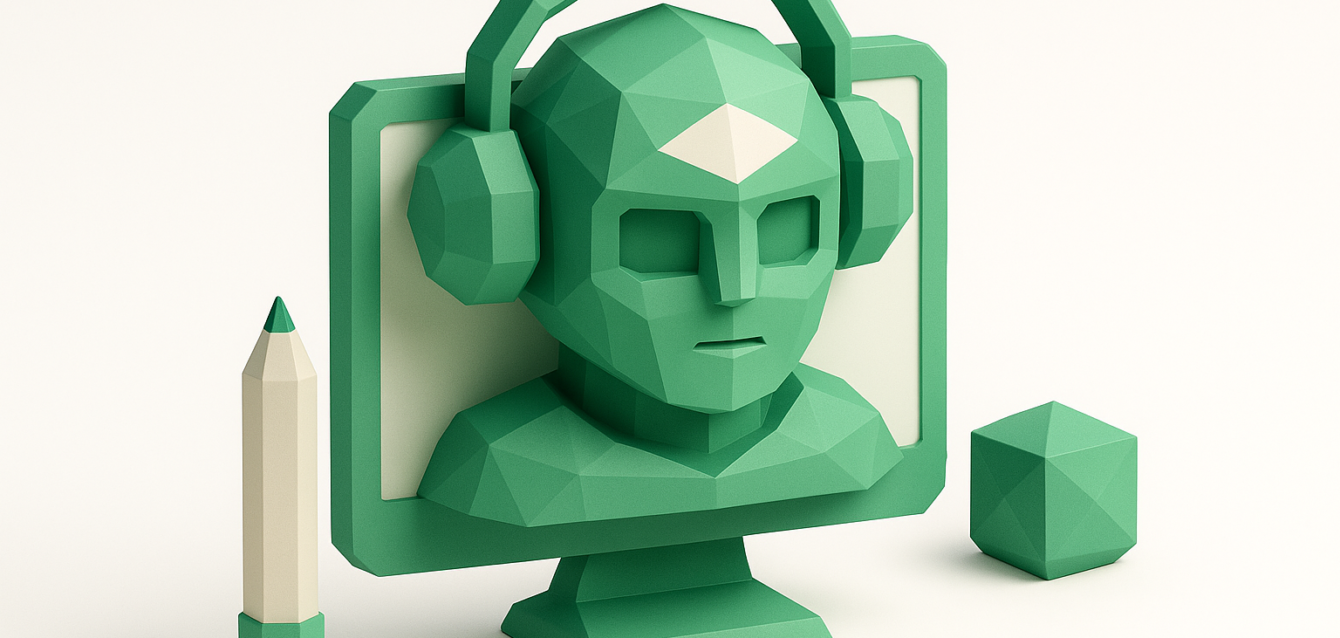 Low-poly green 3D character bust with headphones emerging from a monitor, next to a pencil and geometric cube, symbolizing AI tools for consistent character creation.