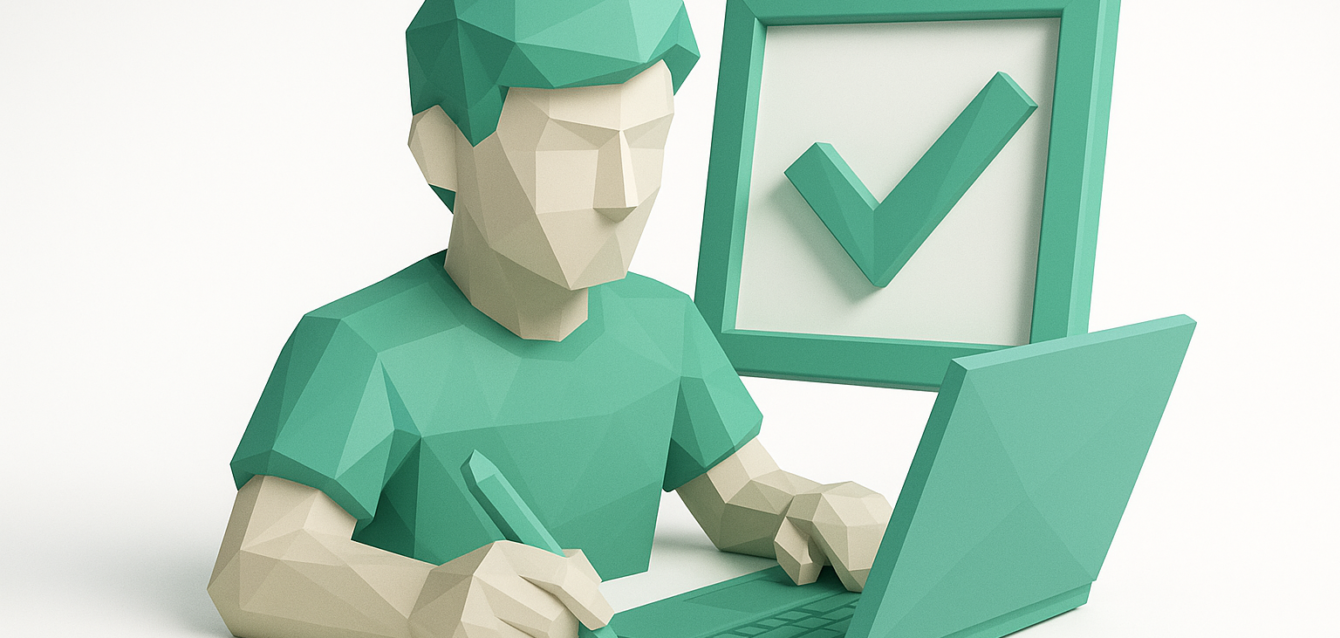Low-poly 3D character using a laptop and stylus with a large checkmark icon in the background, symbolizing AI-assisted consistent character creation.