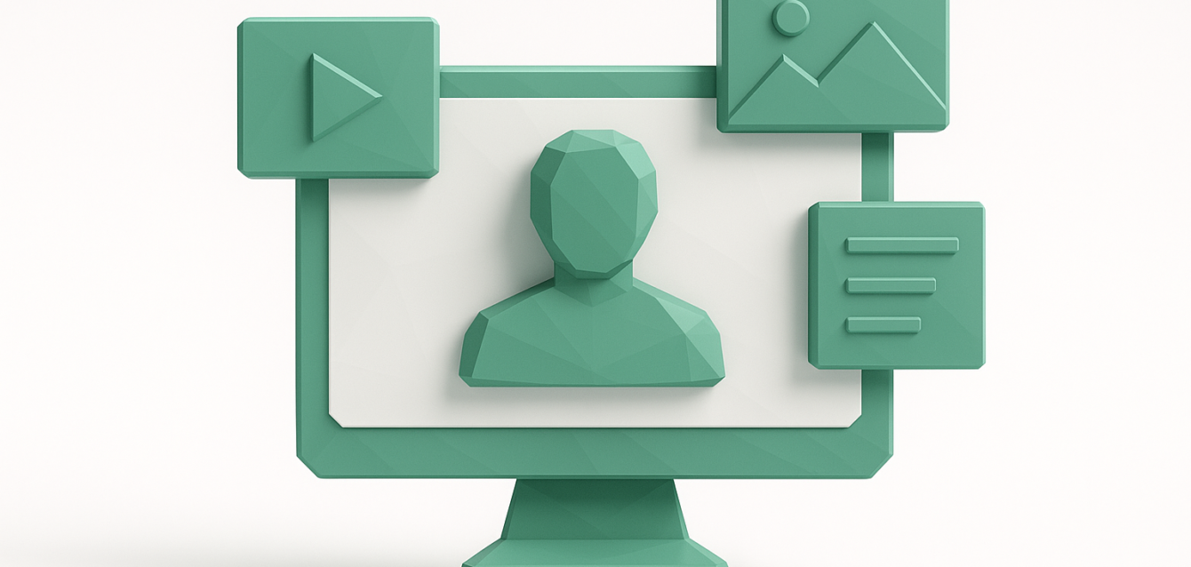 Video, görüntü ve metin için bağlı simgeler içeren bir kullanıcı avatarını gösteren 3D yeşil masaüstü monitörü, formatlar arasında yapay zekaya dayalı içerik yeniden kullanımını göstermektedir