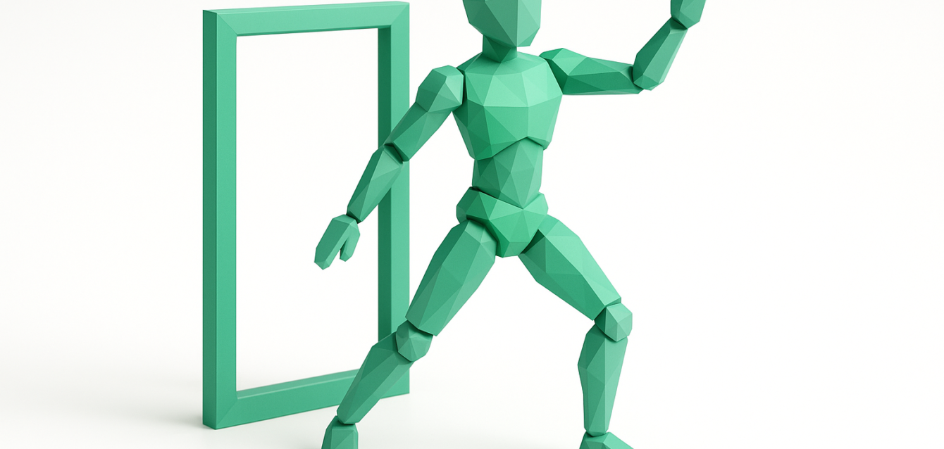 ControlNet Pose Reference: Low-Poly Mannequin Stepping Through Frame Low-poly green mannequin in a dynamic stepping pose through a rectangular frame — pose reference for ControlNet and posing AI models.