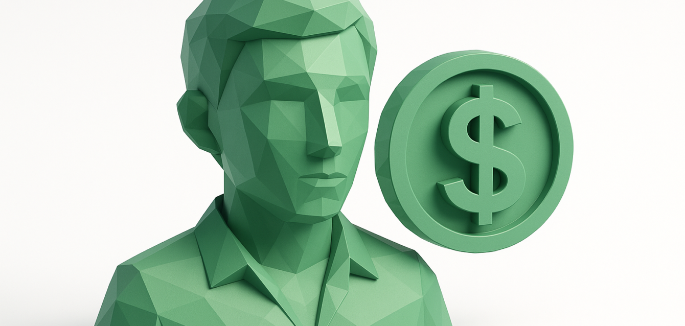 Low-poly green 3D bust of a virtual influencer beside a dollar coin, symbolizing the cost of creating a virtual influencer