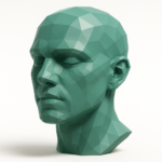 Creating Realistic Skin Texture in AI Art 5 Low-poly teal 3D head model with subtle pore-like skin texture, demonstrating realistic skin detail techniques for AI art and texture studies