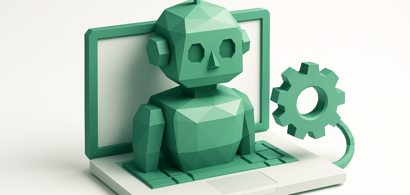 Low-poly green robot emerging from a laptop screen beside a gear icon, symbolizing custom AI solution development and integration to drive business growth in 2026.
