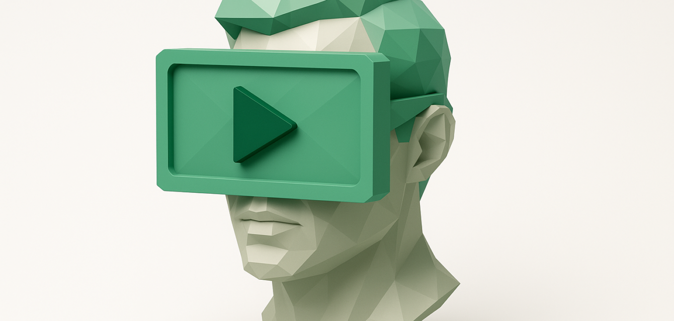 Low-poly 3D bust wearing a green VR-style headset with a play icon, conceptual illustration for deepfake and AI video tools for content creators in 2026