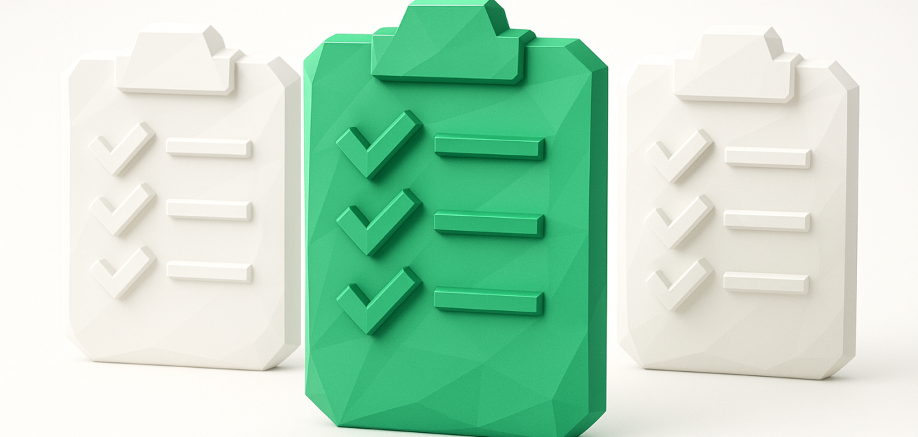 3D stylized clipboards with checklists; a central green clipboard highlighted among two white ones, representing selection of a top digital onboarding tool.