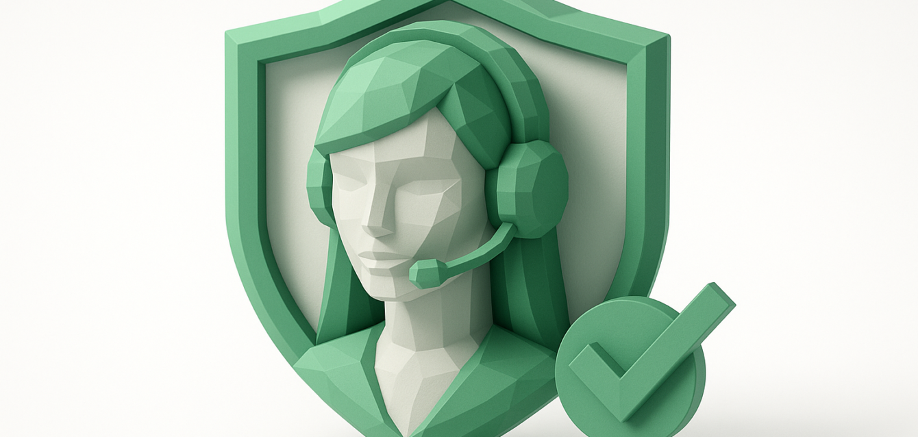 Low-poly green avatar wearing a headset inside a shield with a check mark, representing an AI influencer verification badge that highlights ethics, transparency, and trusted disclosure.