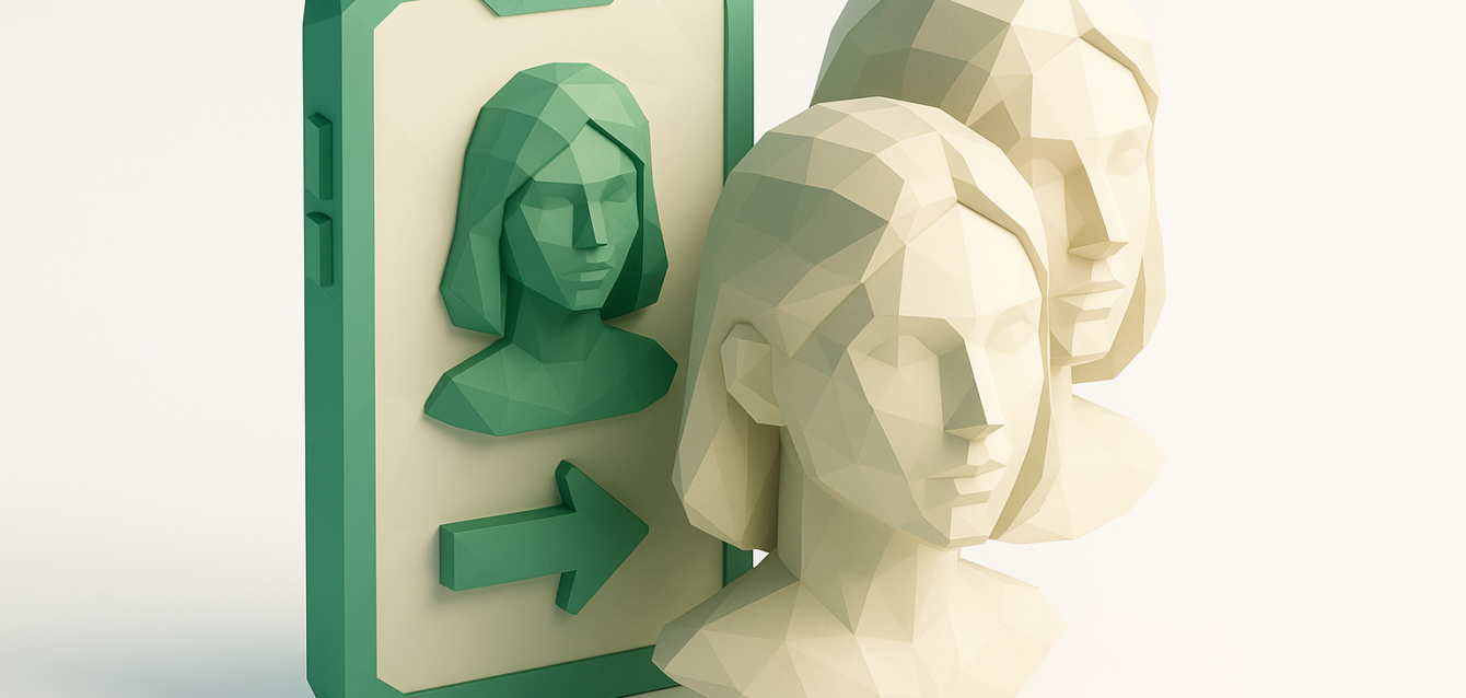 Low-poly 3D busts next to a smartphone icon with an arrow, illustrating AI face-swap tools for influencers and content creators