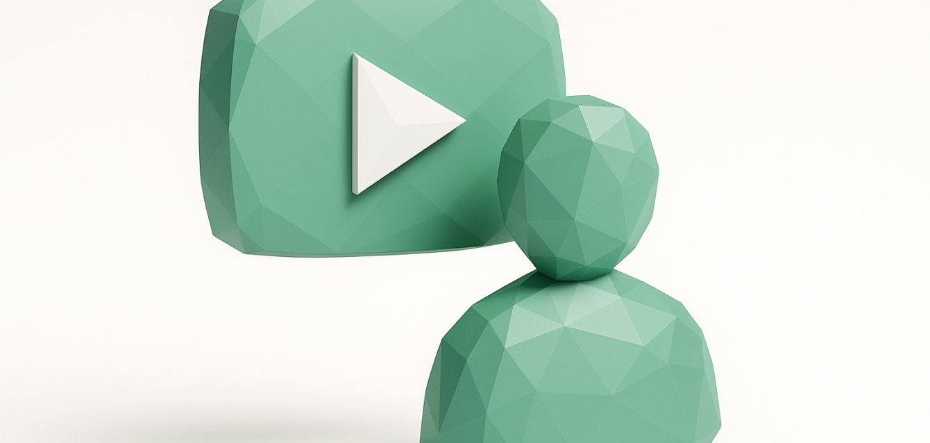 Planlama, otomasyon ve büyüme için yüzsüz bir YouTube kanalı konseptini görselleştiren, büyük bir oynatma düğmesi simgesine bakan yüzsüz geometrik avatar