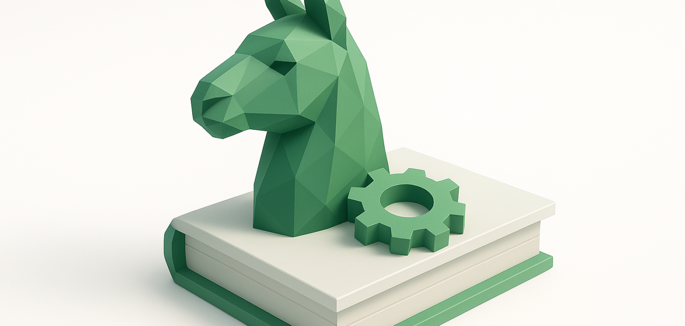 Fine-Tuning Llama 3 Models 2026 Budget Guide - Low-Poly Llama with Gear on Book Low-poly green llama head sculpture and gear icon resting on a book, symbolizing fine-tuning Llama 3 models and technical setup for a 2026 budget guide.