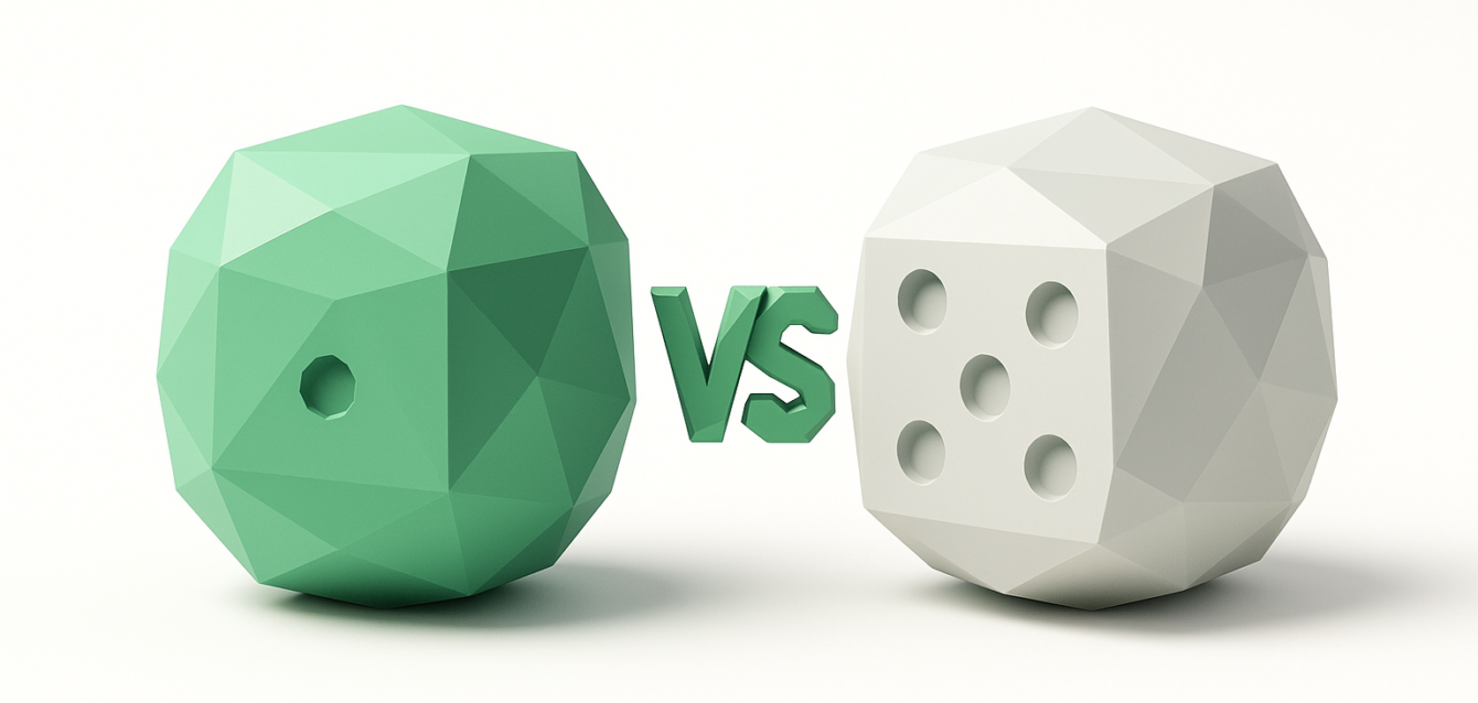 Flux.1 vs Midjourney v6 — Low-Poly Dice Visual Comparison Two low-poly dice, one green and one white, with a 3D "VS" between them illustrating a Flux.1 vs Midjourney v6 realism comparison