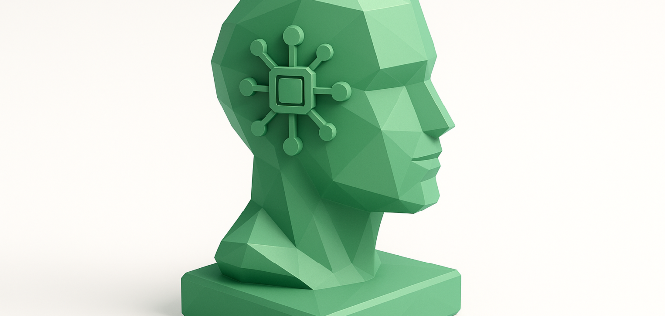 Green low-poly head sculpture with a microchip and network-node icon on the temple, symbolizing autonomous AI systems and self-driving agency ecosystems