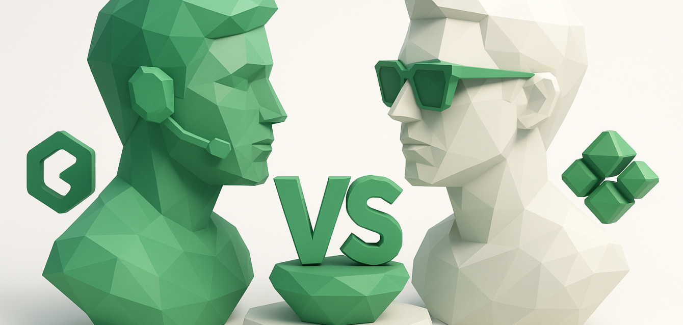Low-poly green Glif avatar with headset facing a white Midjourney-style avatar in sunglasses with a prominent "VS" emblem, illustrating an AI influencers comparison.