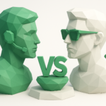 Low-poly green Glif avatar with headset facing a white Midjourney-style avatar in sunglasses with a prominent "VS" emblem, illustrating an AI influencers comparison.