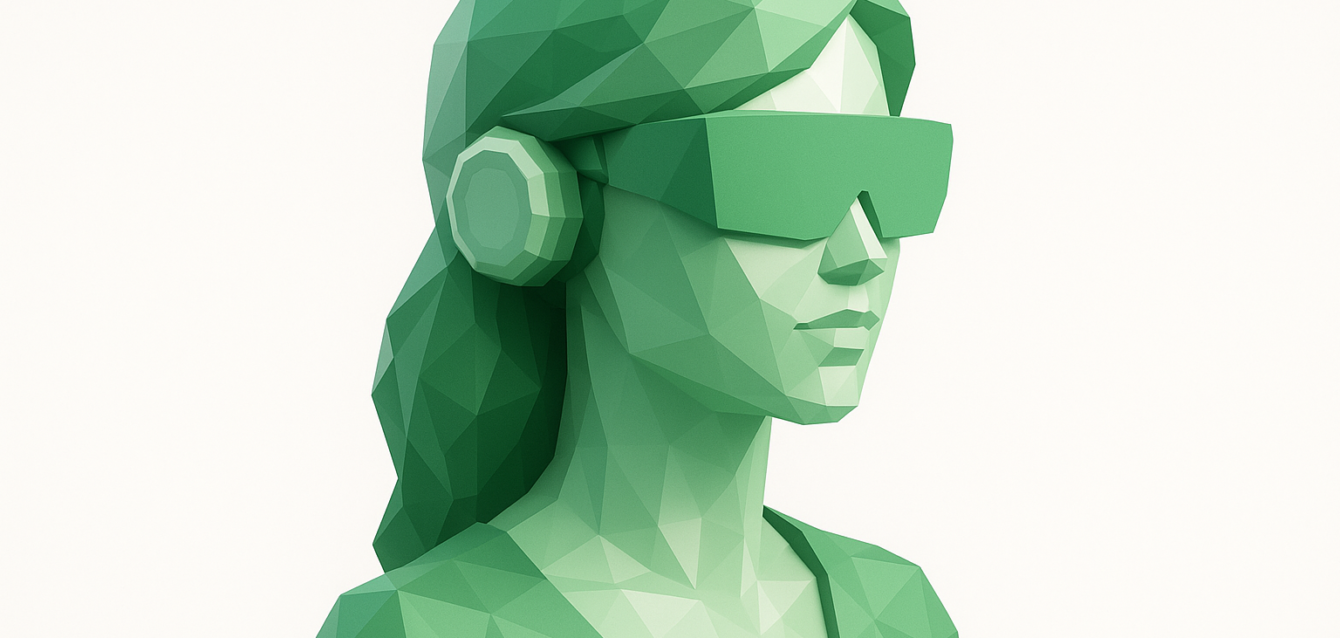 İş pazarlaması için sanal bir yapay zeka etkileyicisini ve marka avatarını temsil eden, fütüristik bir vizör ve kulaklık takan bir kadının yeşil, düşük poli 3D büstü