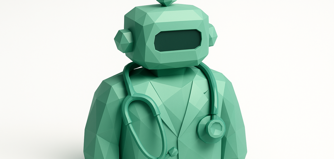 Low-poly green robot figure wearing a stethoscope, symbolizing AI-assisted healthcare, medical automation, and clinical efficiency for a 2026 implementation roadmap.