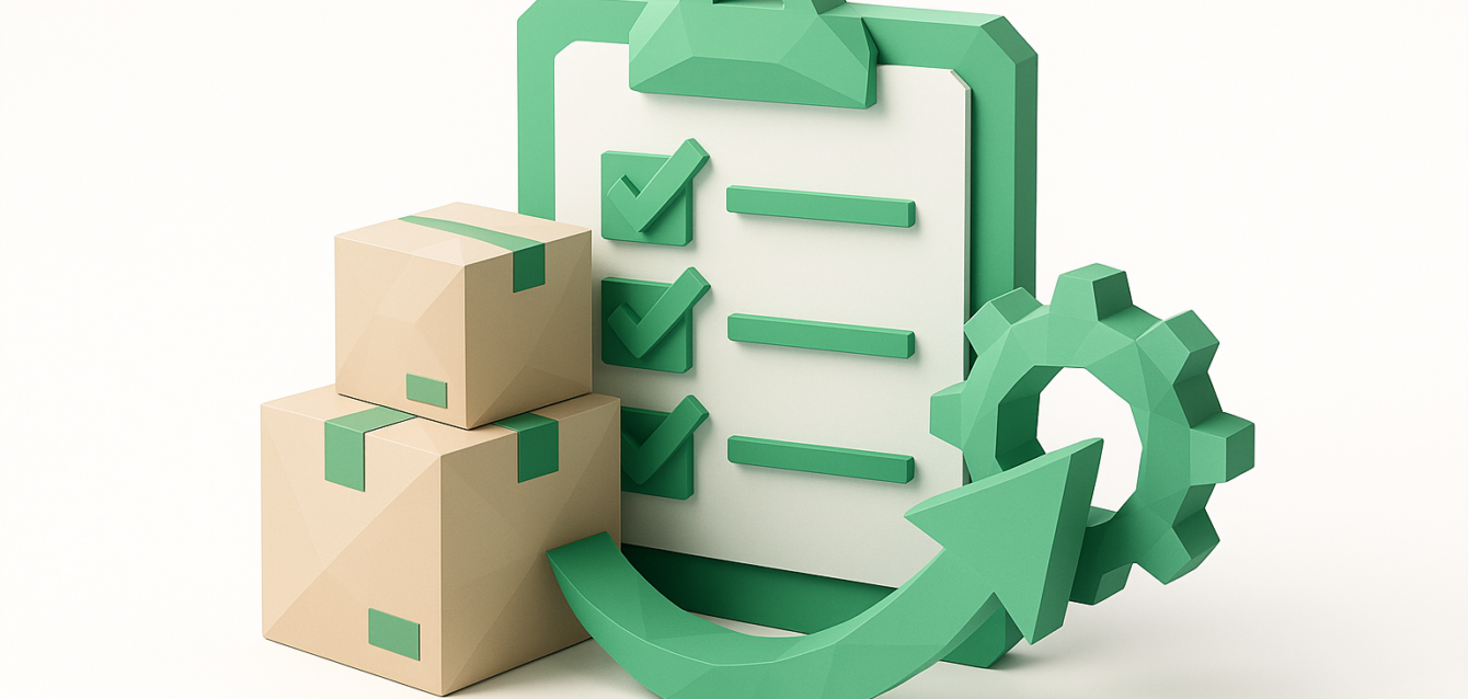 3D illustration of a clipboard checklist, stacked shipping boxes, and a gear with an arrow representing inventory management automation and smarter stock control