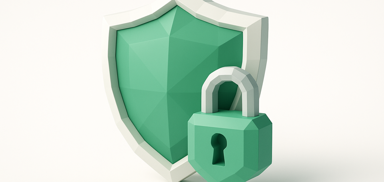 Green geometric shield with a matching padlock on a white background, symbolizing intellectual property protection and security for AI influencers