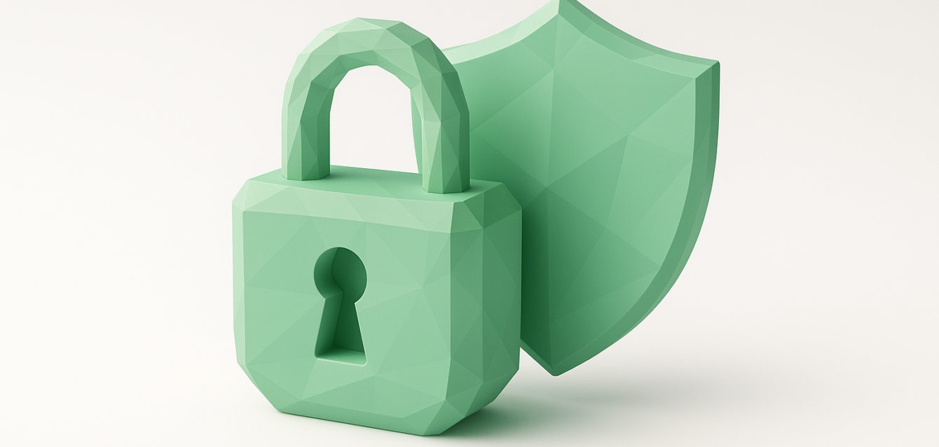 Low-code Security Padlock and Shield - Enterprise Risk & Governance Low-poly green padlock in front of a shield on a white background, symbolizing low-code security and enterprise risk & governance.