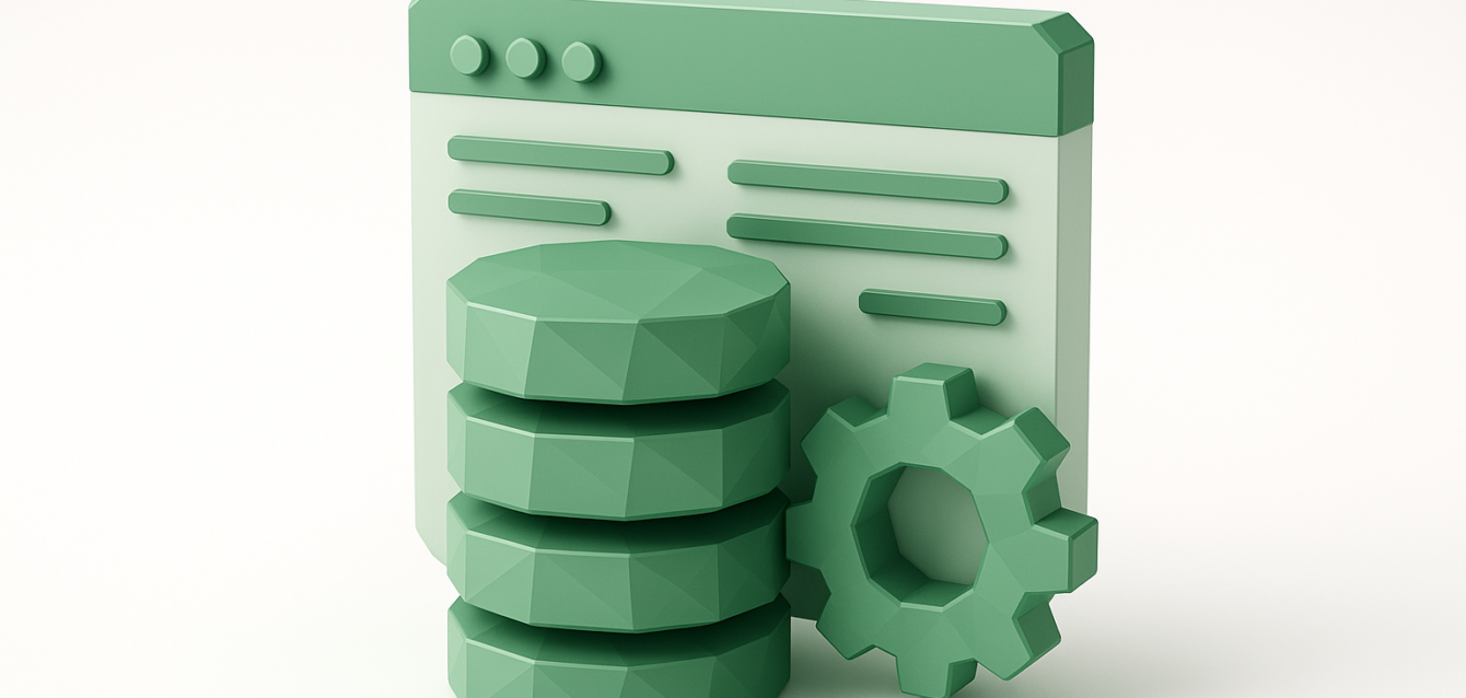 Low-Code Database Management Icon - Stacked Databases & Automation Gear Stylized green 3D illustration of a web dashboard with stacked database disks and a gear icon, symbolizing low-code database management, automation, and faster data operations.
