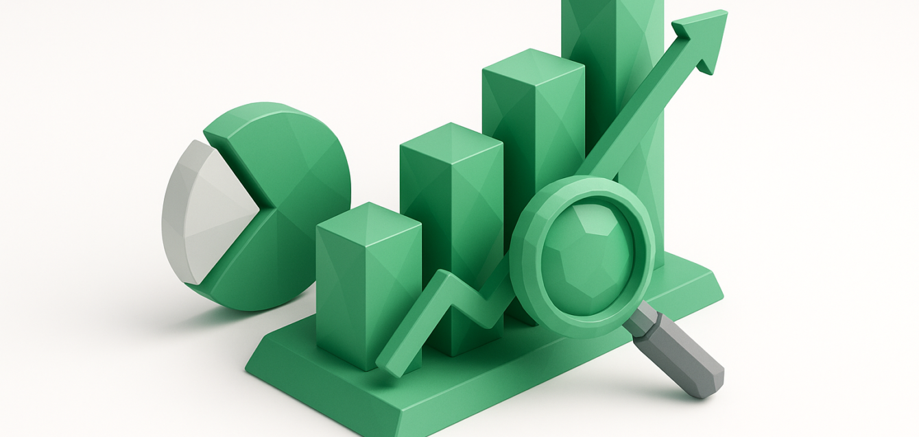 Pazarlama analitiği otomasyonunu ve gösterge tablolarına karşı otomatik raporlamayı temsil eden pasta grafik, yukarı oklu yükselen çubuk grafik ve büyüteçten oluşan 3B yeşil simgeler