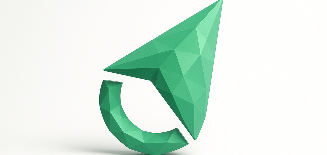 Beyaz arka plan üzerinde kavisli bir oka sahip minimalist düşük poli yeşil 3D kağıt uçak, sosyal medya görüntüleri için geometrik marka tarzı grafik