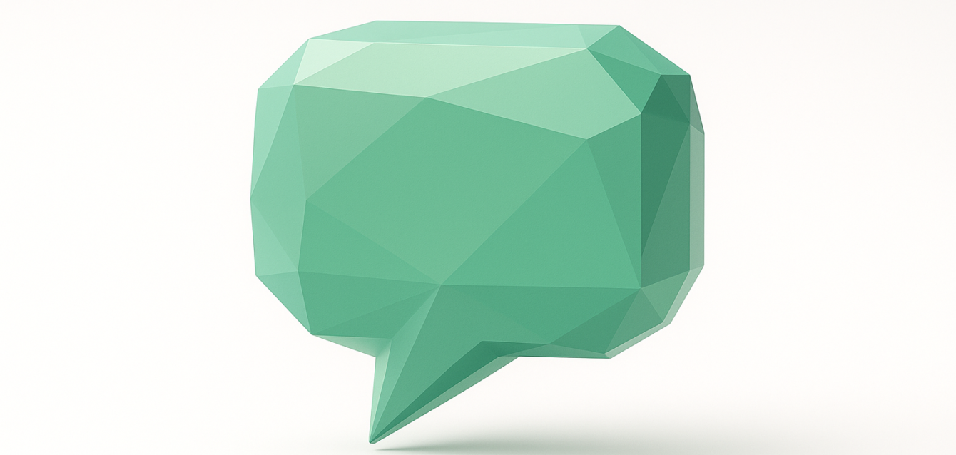 Midjourney ile oluşturulan düşük poli nane yeşili 3D konuşma balonu grafiği, kaydırmayı durdurmak için tasarlanmış cesur sosyal medya görseli