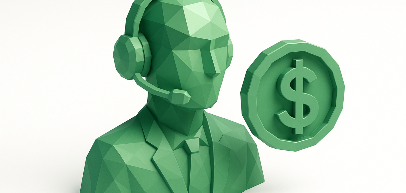 Low-poly green AI influencer avatar wearing a headset next to a dollar coin, symbolizing monetization and revenue strategies for virtual influencers in 2026.