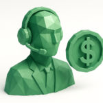 Low-poly green AI influencer avatar wearing a headset next to a dollar coin, symbolizing monetization and revenue strategies for virtual influencers in 2026.
