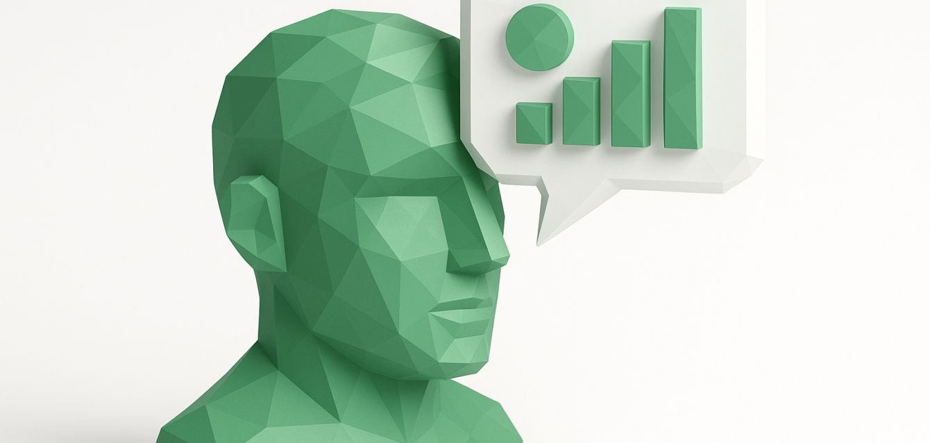Low-poly green human head with a speech bubble showing an ascending bar chart, symbolizing NLP-driven business insights and turning data into profit in 2026