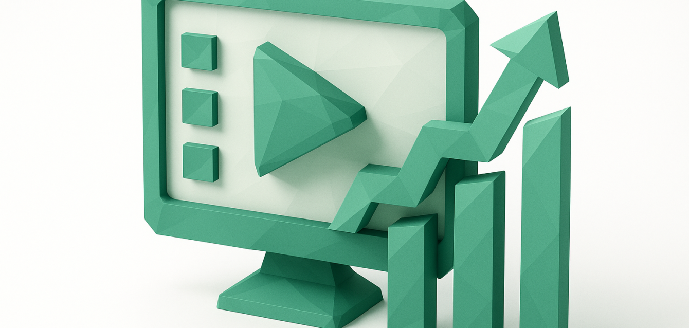 3D green monitor with a play button and upward bar chart, symbolizing onboarding automation, tutorial videos, and rising user growth metrics